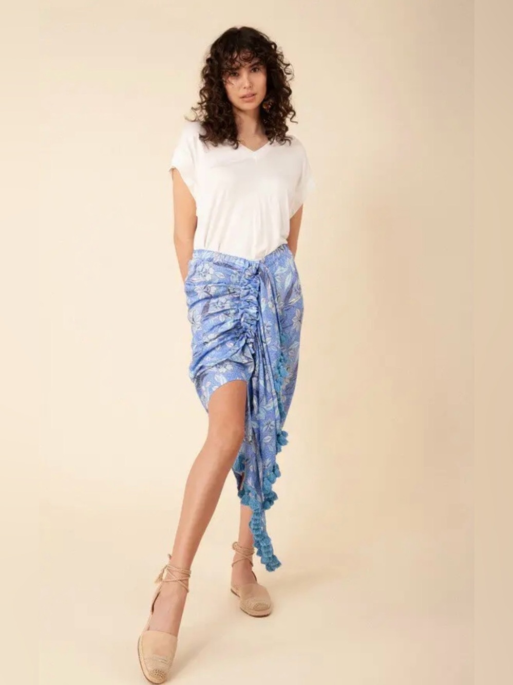 🆕 Hale Bob Venus Blue Floral 100% Linen Draped Tassel Maxi Skirt Size S